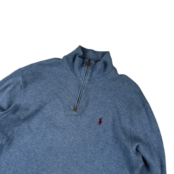 Ralph Lauren Blue Cotton Knit Quarter Zip Jumper - Medium