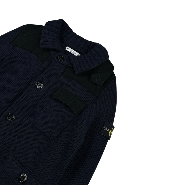 Stone Island 2011 Heavyweight Wool Navy Panelled Buttoned Knit - Medium