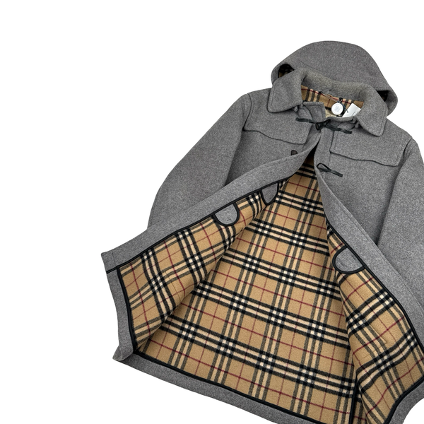 Burberry Grey Wooden Toggle Classic Check Lining Wool Duffle Coat - XL