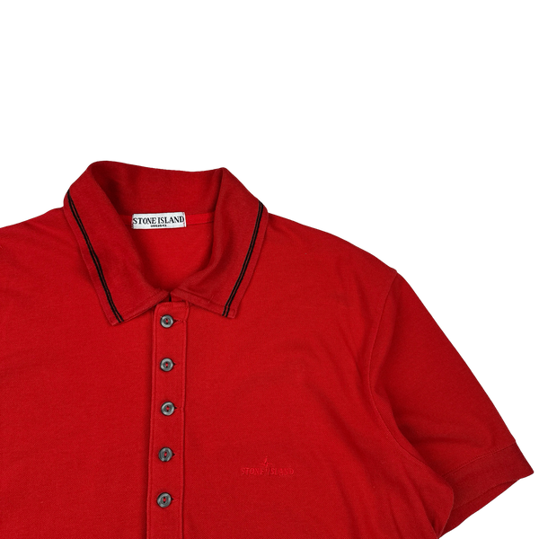 Stone Island 2008 Red Cotton Collared Neck Spellout Polo - 3XL
