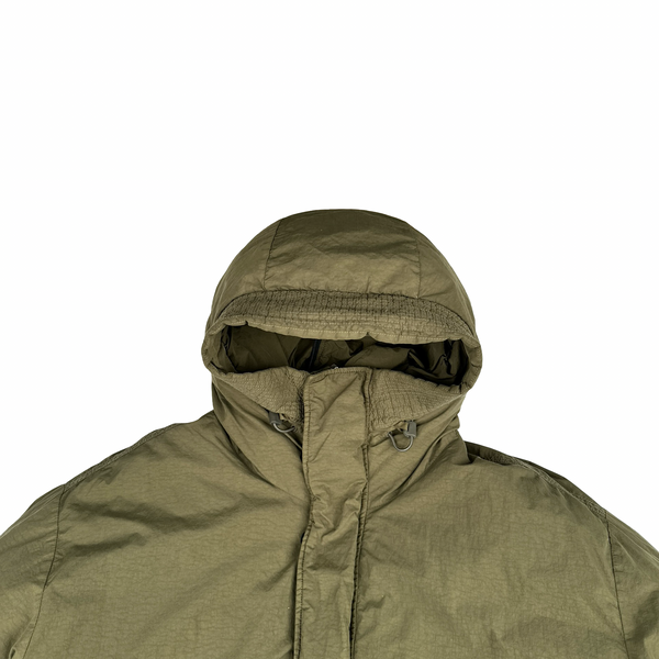 CP Company Khaki Flatt Nylon Extractable Down Filled Lens Viewer Long Puffer Jacket - XL