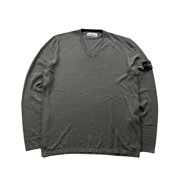 Stone Island Light Grey V-Neck Knit Jumper - XL