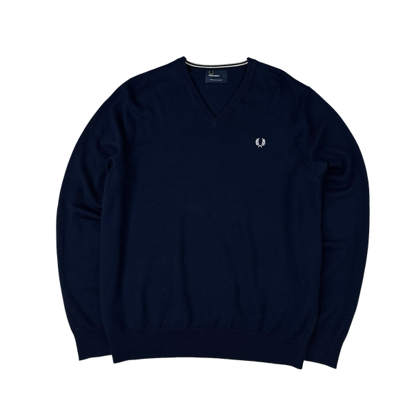 Fred Perry Merino Wool Navy V Neck Knit - Large