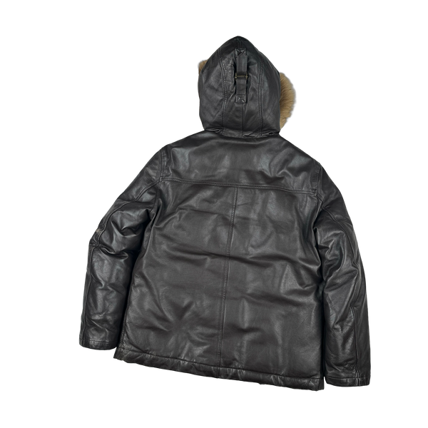 BAPE Nigo Era Brown Heavyweight Leather Fur Hooded Down Filled Jacket - Small