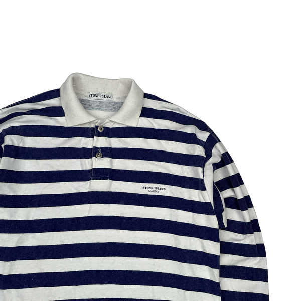 Stone Island Vintage 80's Cotton Blue Striped Marina Longsleeve Polo - Medium