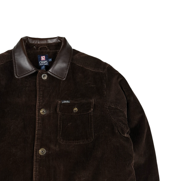 Ralph Lauren Chaps 90's Brown Corduroy Flannel Lined Leather Collar Jacket - Large