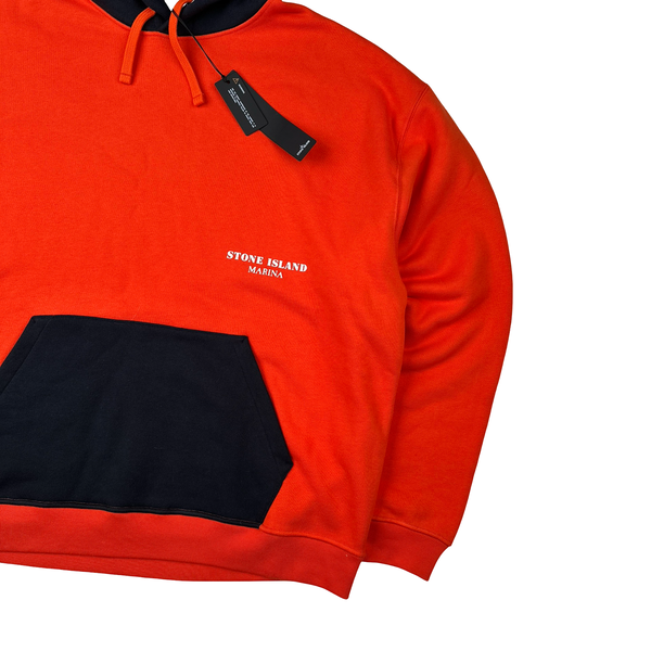 Stone Island Marina 2023 Orange And Navy Spellout Embroidered Pullover Hoodie - XL