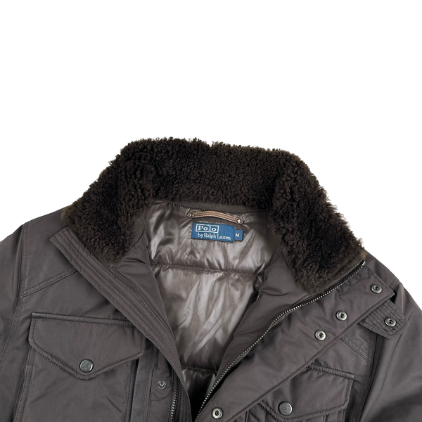Ralph Lauren Brown Shearling Collar Quilted Multi Pocket Hooded Down Jacket - Medium