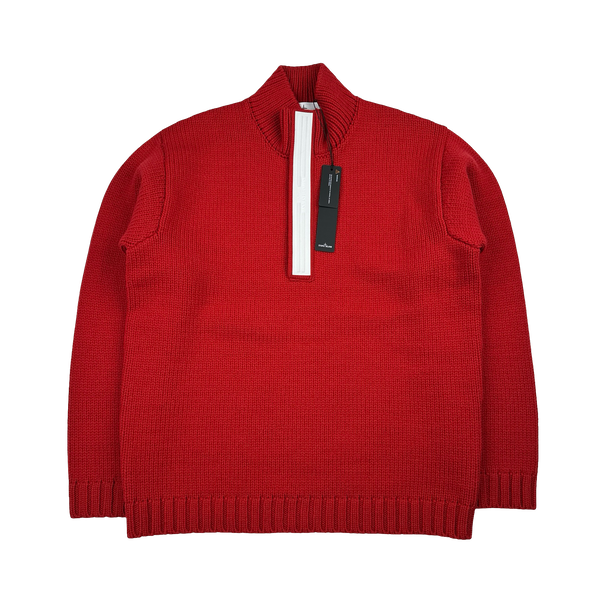 Stone Island 2025 Marina Red Quarter Zip Pure Wool Knit Spellout Jumper - Large