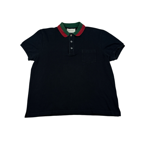 Gucci Stripe Collar Short Sleeve Quarter Buttoned Polo Shirt - Small