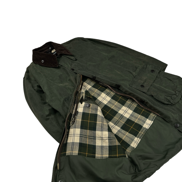 Barbour Border Green Cotton Flannel Lined Corduroy Collar Wax Jacket - Large