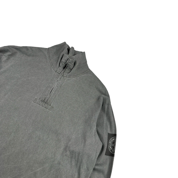 Stone Island 2002 Grey Cotton Quarter Zip Spellout Compass Pullover - XL