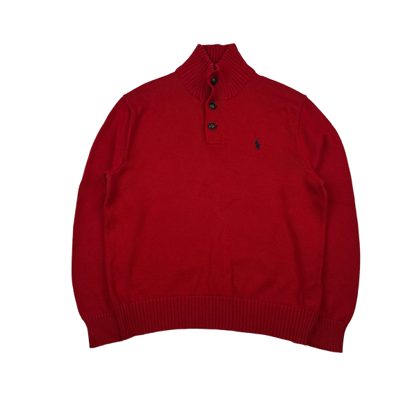 Ralph Lauren Red Cotton Knit Quarter Button Jumper - Medium
