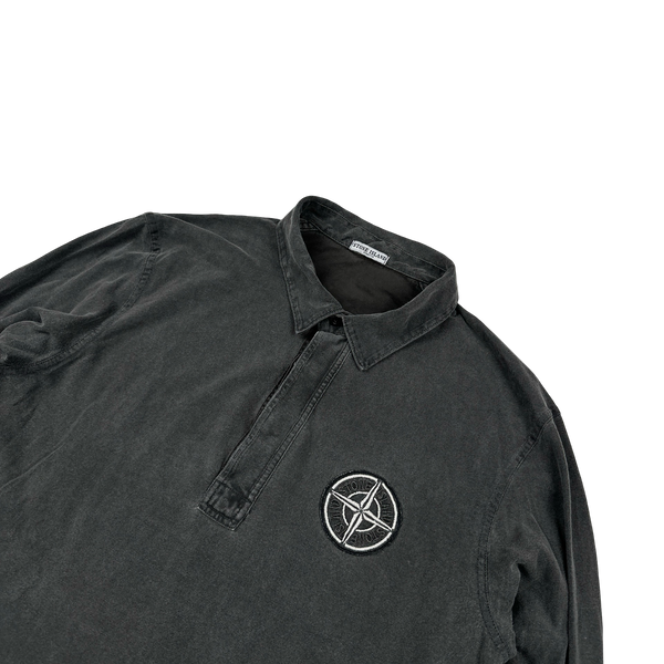 Stone Island 2005 Charcoal Longsleeve Cotton Embroiderd Compass Polo Top - XL