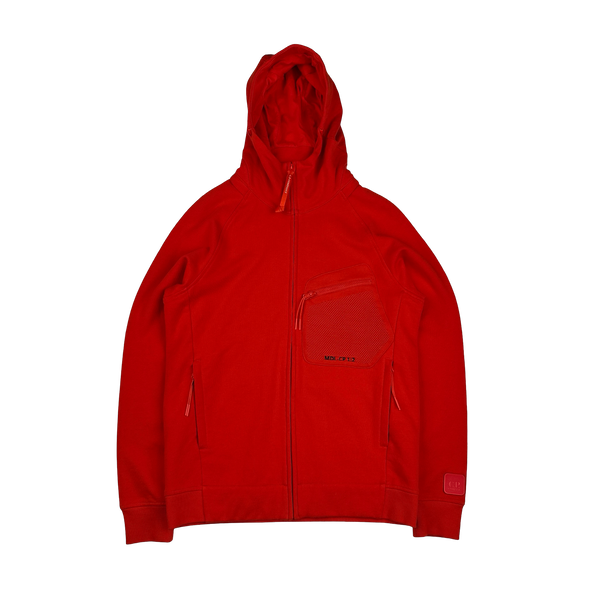 CP Company Metropolis Red Cotton Spellout Zipped Hoodie - Large