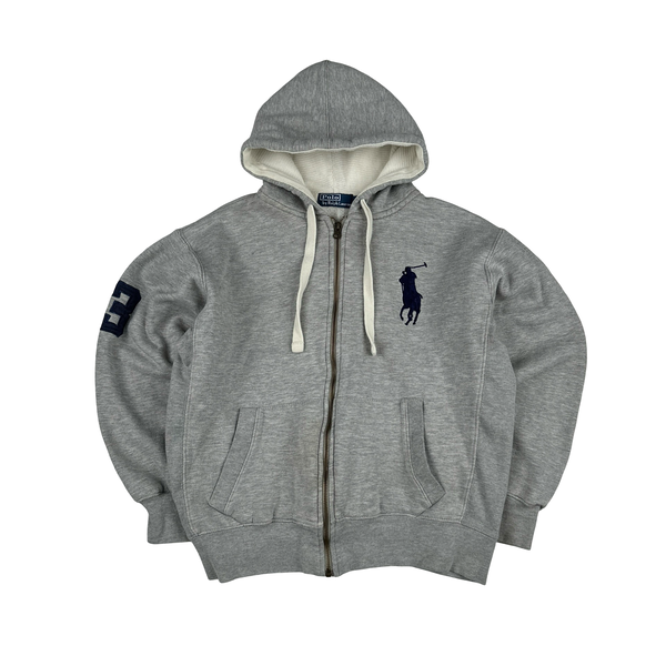 Ralph Lauren Grey Polo Logo Embroidered Zipped Hoodie - Small