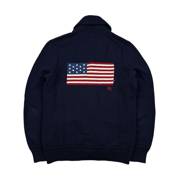 Ralph Lauren Navy Wool Knit Buttoned Flag Jumper - Medium