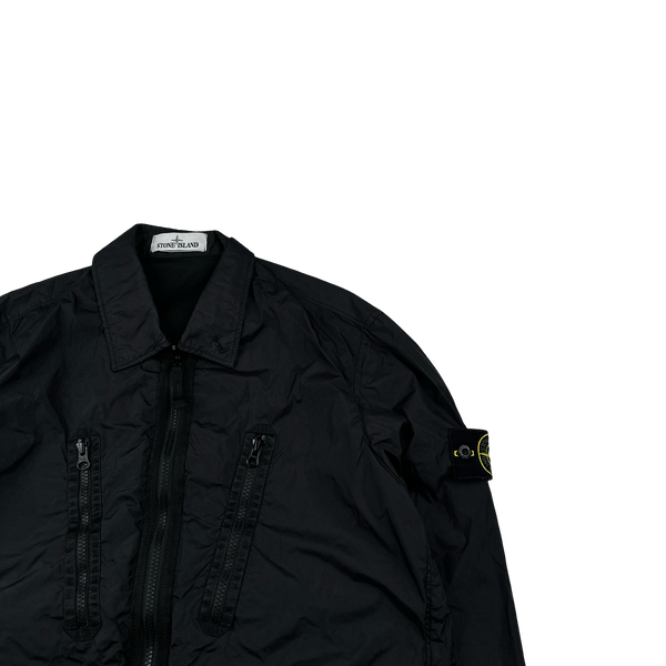 Stone Island 2022 Black Garment Dyed Crinkle Reps Zipped Overshirt - Small