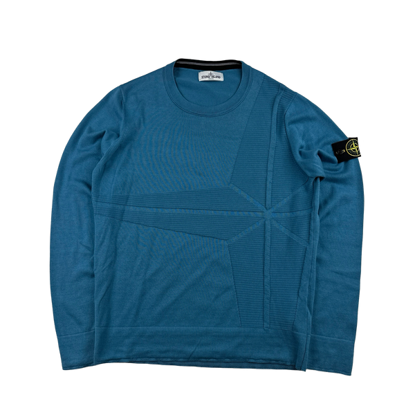 Stone Island 2013 Blue Compass Embossed Knit Cotton Jumper - Large