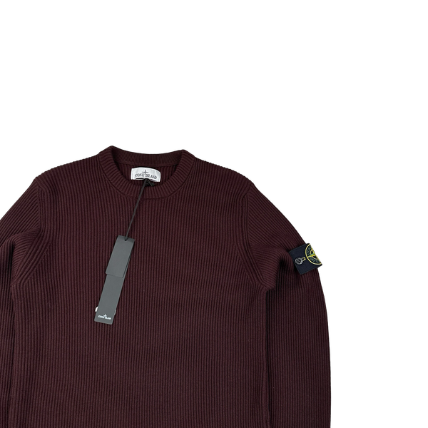 Stone Island 2023 Burgundy 100% Wool Ribbed Jumper - Medium
