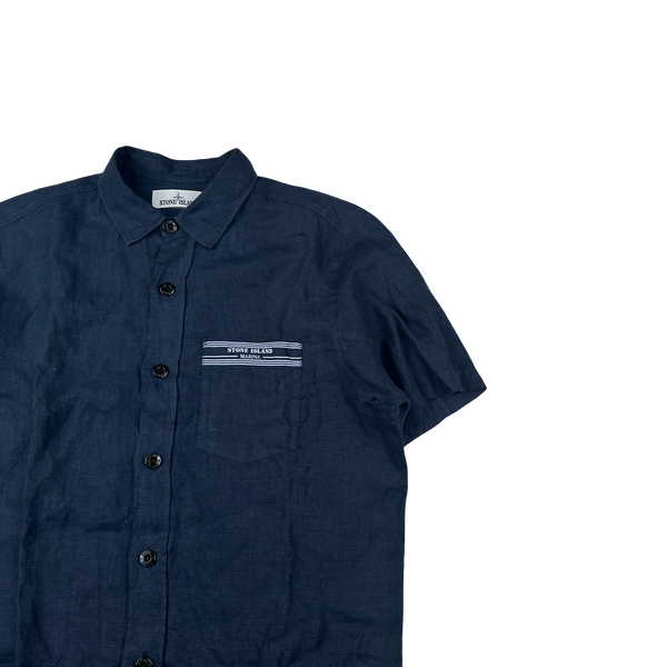Stone Island 2017 Navy Linen Marina Spellout Shirt - XL