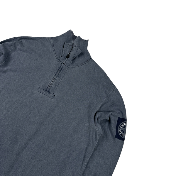Stone Island 2002 Blue Cotton Quarter Zip Spellout Compass Pullover - XL
