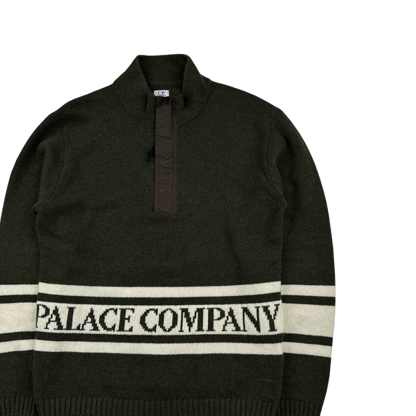 CP Company Green Wool Quarter Zip Knitted Spellout Jumper - Small
