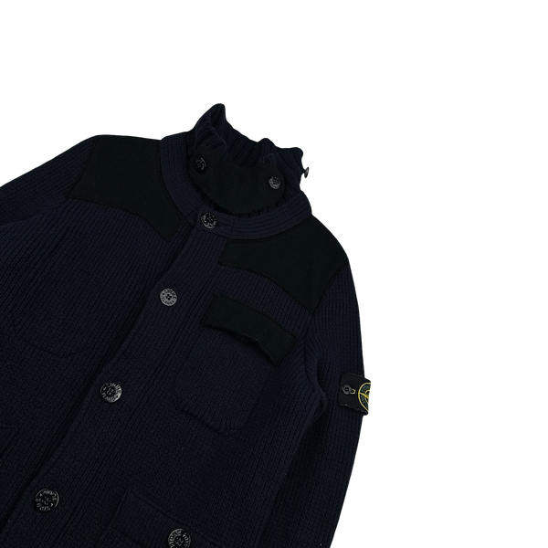 Stone Island 2011 Heavyweight Wool Navy Panelled Buttoned Knit - Medium