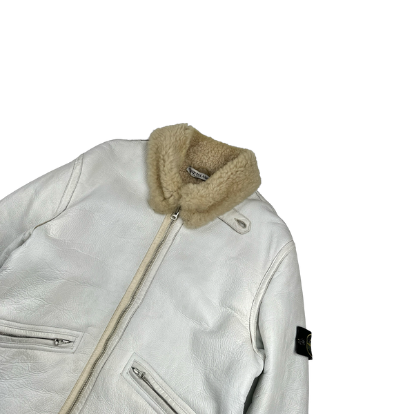 Stone Island 2005 White Hand Painted Lambskin Leather Thick Shearling Jacket - XL