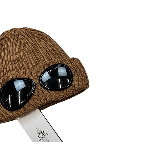 CP Company Brown Thick Ribbed Merino Wool Goggle Beanie