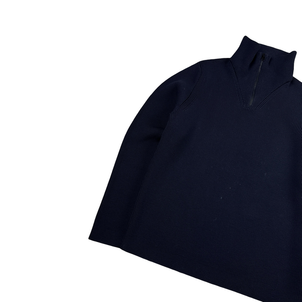 Stone Island Navy Wool Ribbed Zipped Neck Knit Jumper - Medium