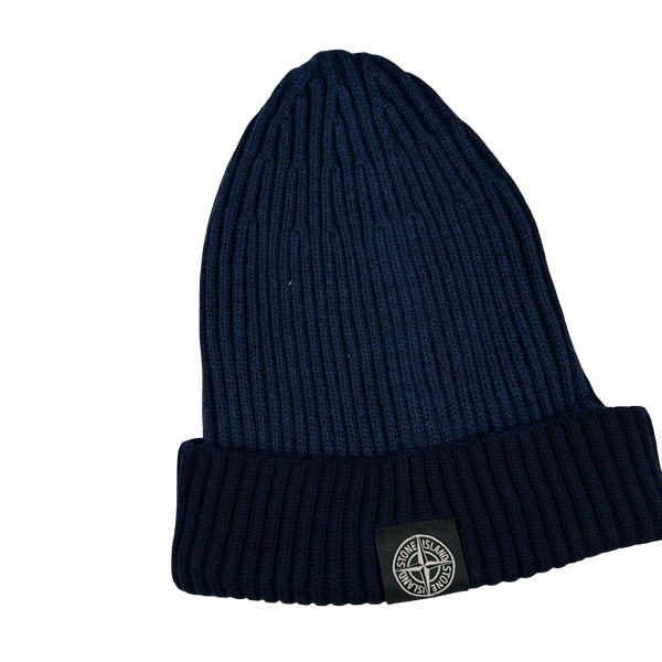 Stone Island Navy Blue Ribbed Logo Patch Beanie
