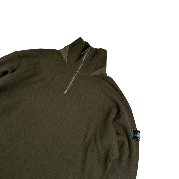 Stone Island Vintage 1994 Khaki Quater Zip Green Edge Wool Blend Jumper - XXL
