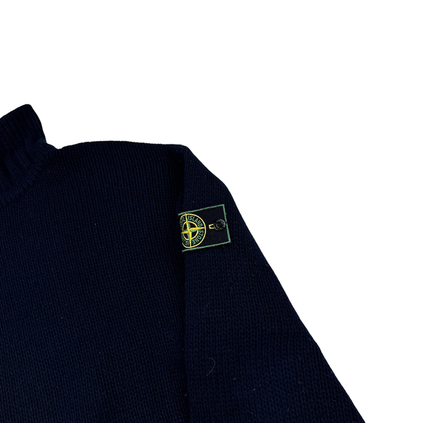 Stone Island 1995 Navy Knitted Green Edge Mock Neck Pullover - XL