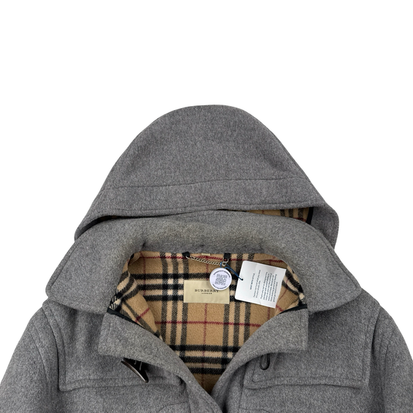 Burberry Grey Wooden Toggle Classic Check Lining Wool Duffle Coat - XL