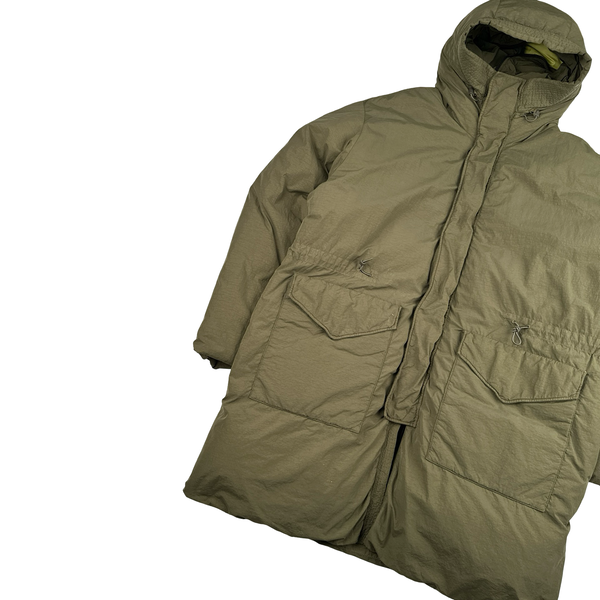 CP Company Khaki Flatt Nylon Extractable Down Filled Lens Viewer Long Puffer Jacket - XL