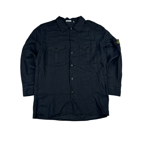 Stone Island Linen Lino Flax Buttoned Navy Shirt - XXL