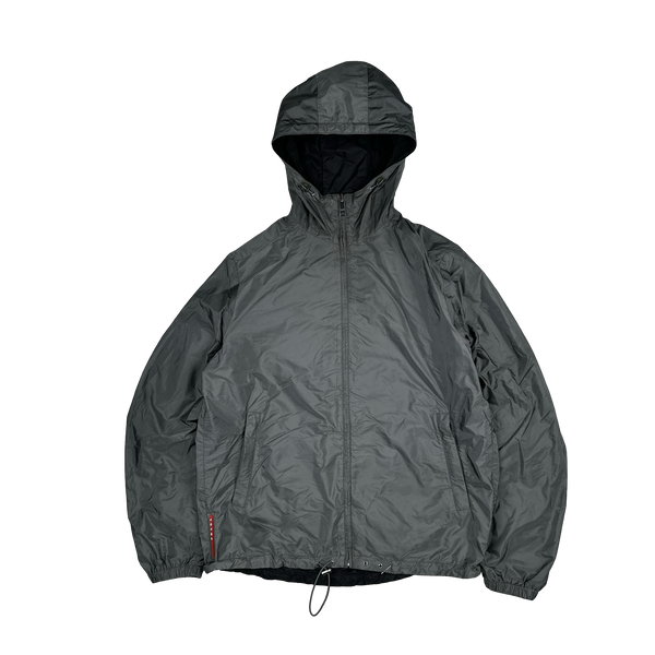 Prada Grey/Black Red Tab Reversible Nylon Windbreaker Hooded Jacket - 3XL