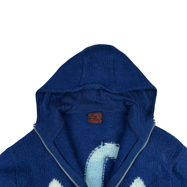 Evisu 2000s Blue Wool Logo Zip Up Hoodie - Large