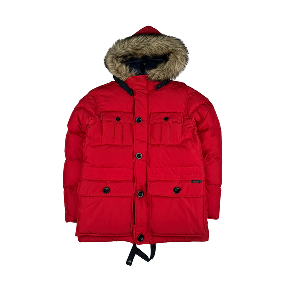 Ralph Lauren Red Down Filled Fur Hood Trim Puffer Jacket - Small