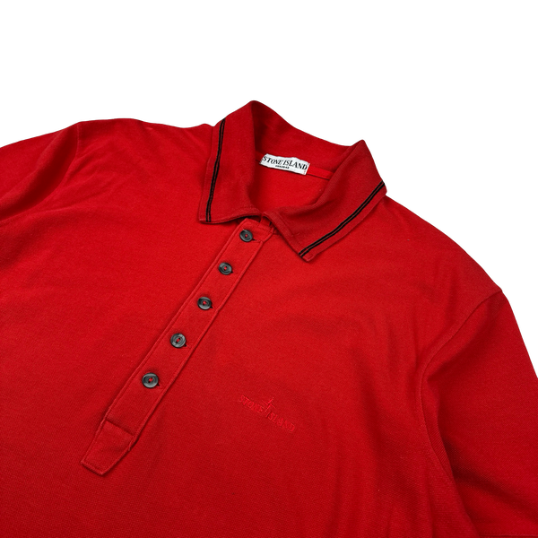 Stone Island 2008 Red Cotton Collared Neck Spellout Polo - 3XL