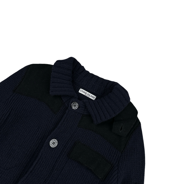 Stone Island 2011 Heavyweight Wool Navy Panelled Buttoned Knit - Medium