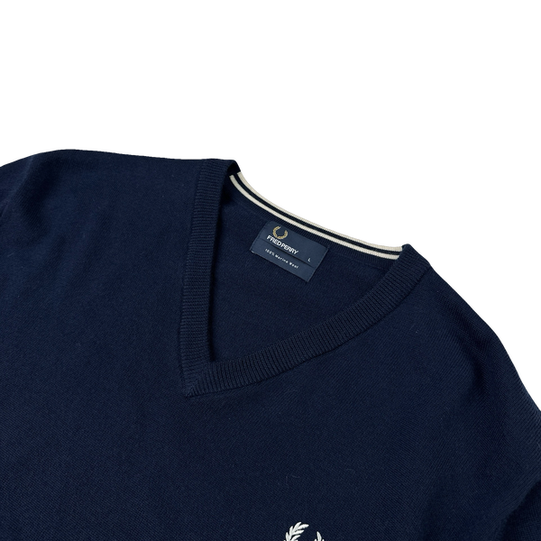Fred Perry Merino Wool Navy V Neck Knit - Large