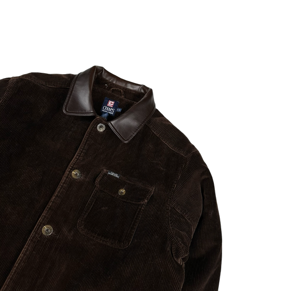 Ralph Lauren Chaps 90's Brown Corduroy Flannel Lined Leather Collar Jacket - Large