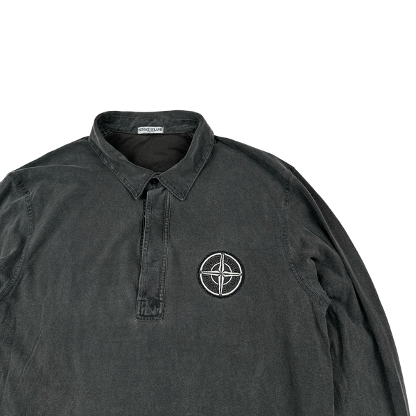Stone Island 2005 Charcoal Longsleeve Cotton Embroiderd Compass Polo Top - XL