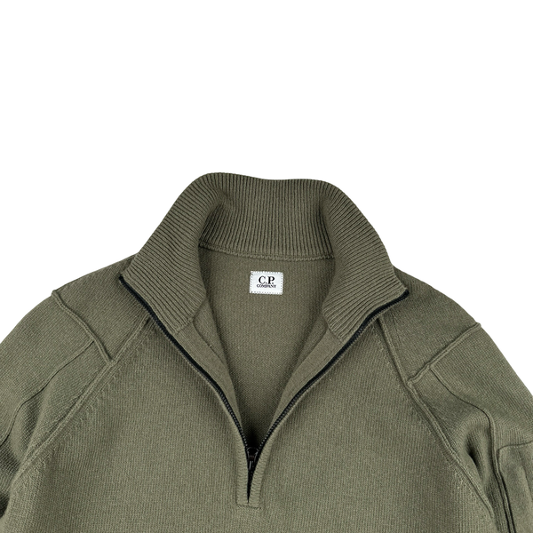 CP Company Khaki Green Thick Wool Quarter Zip Lens View Jumper - Small