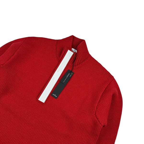 Stone Island 2025 Marina Red Quarter Zip Pure Wool Knit Spellout Jumper - Large
