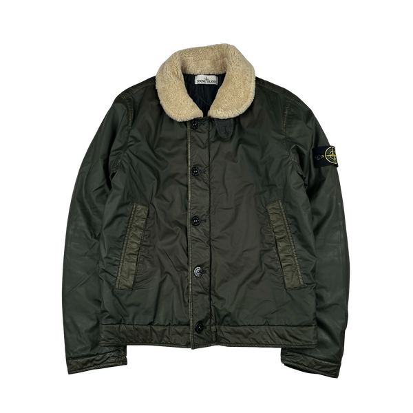 Stone Island 2015 Dark Green Mussola Gommata Sherling Flight Jacket - Medium
