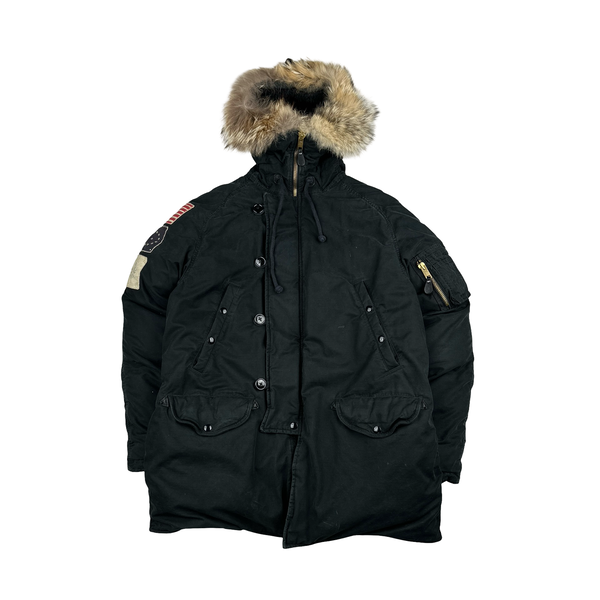 Ralph Lauren Black Down Filled Fur Hood Trim Puffer Jacket - Large
