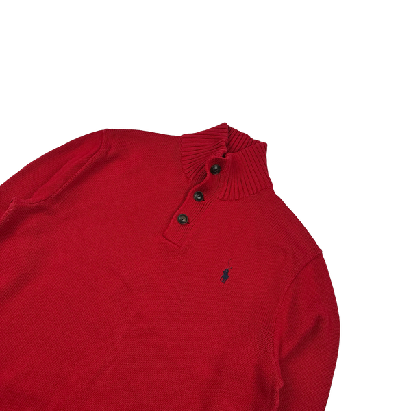 Ralph Lauren Red Cotton Knit Quarter Button Jumper - Medium